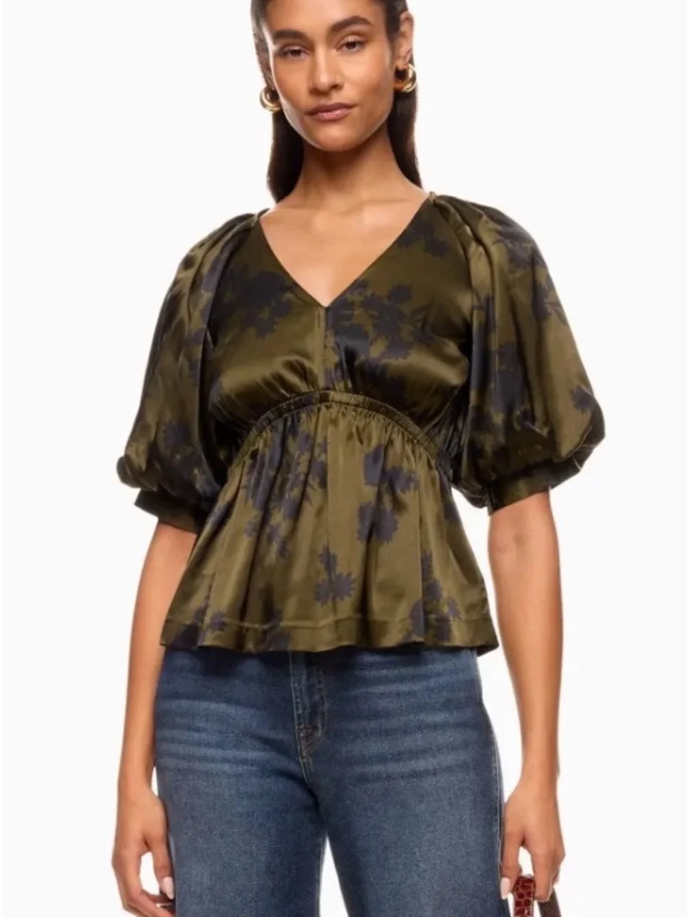 Madewell Kathleen Olive Green V-Neck Puff Sleeve Top